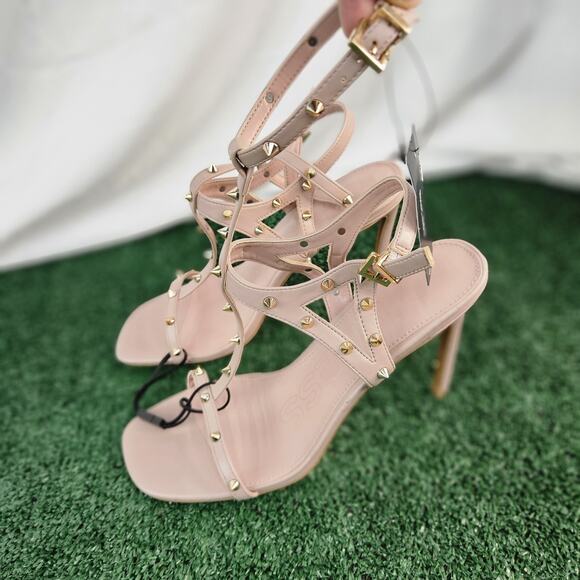 Express Soft Blush Gold Stud Strappy Block Heels Size 10 Brand New - Picture 5 of 8